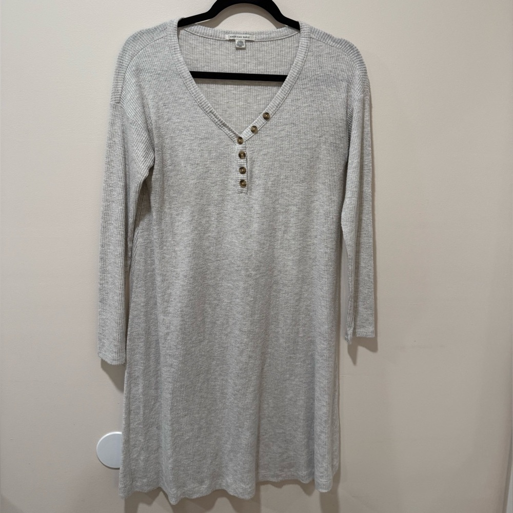 American Eagle Gray V-Neck Shirt Dress with Button Detail